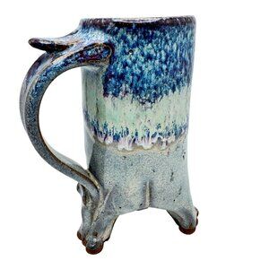 Art Pottery Blue Drip Glaze Coffee Mug Thumb Rest Unique Animal-Like Footed Base